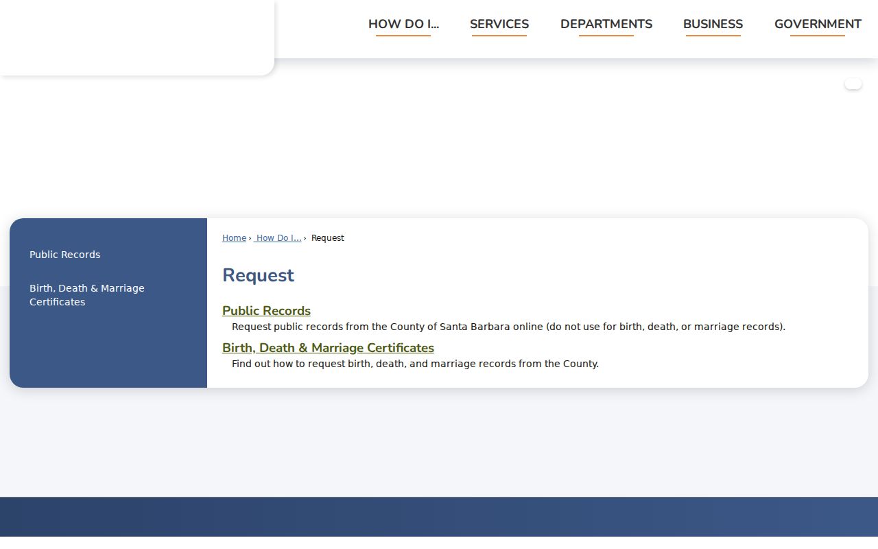 Santa Barbara public records request page for county records